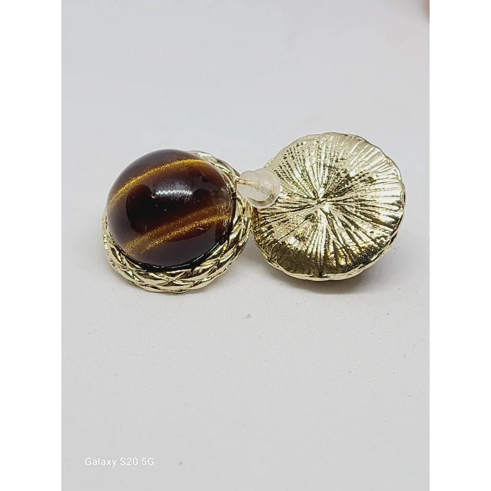 Vintage Style Gold Tone Tiger Eye Stud Earrings Round Braided Bezel Brown‎